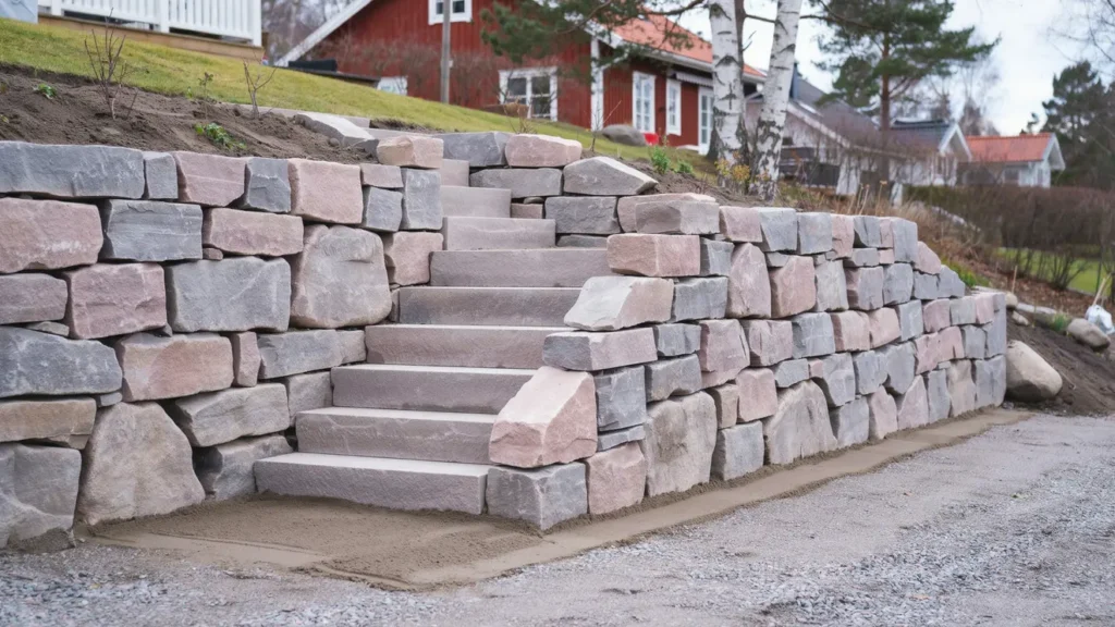 byggnation av stodmur och trappa i natursten i lindholmen vallentuna 1269